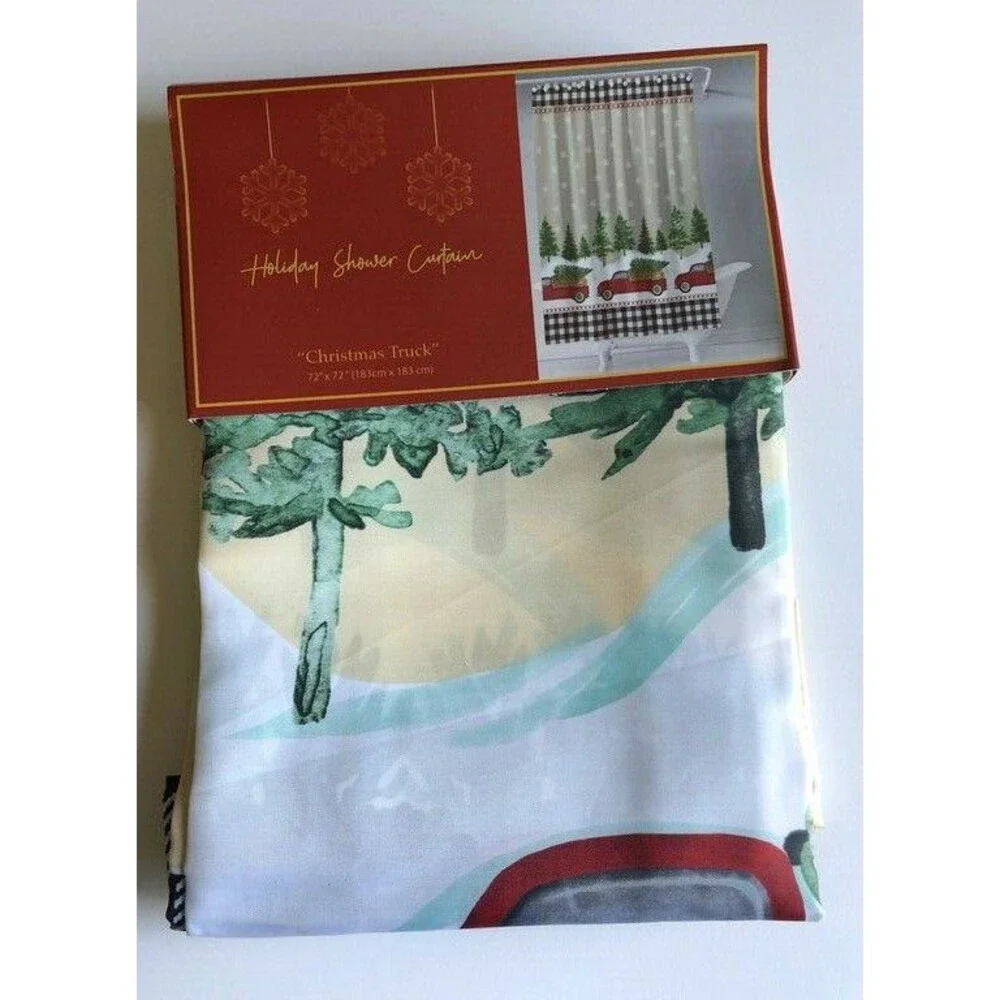 Avanti Christmas Red Farm Truck Fabric Shower Curtain Holiday Buffalo Check